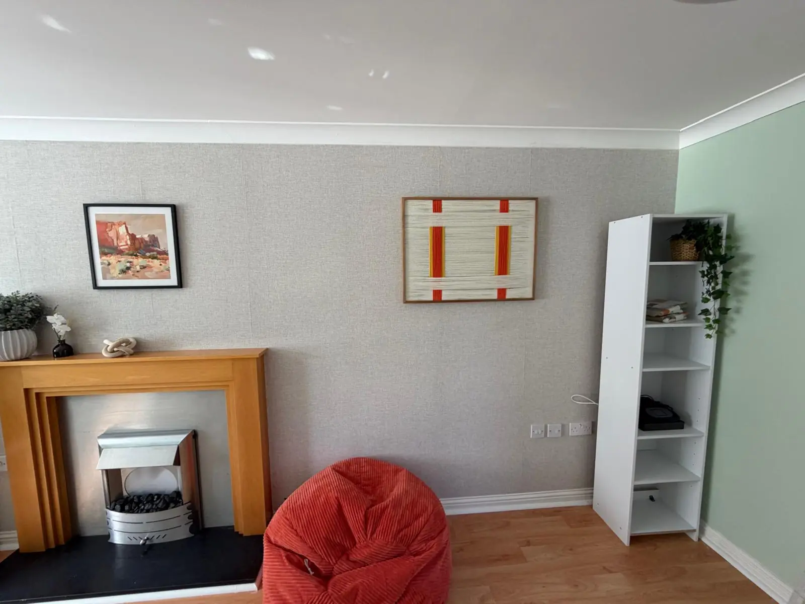 Reception room fireplace and shelving